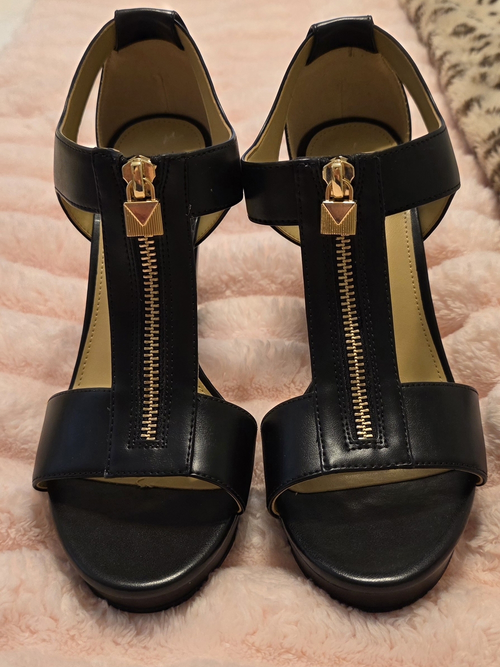 Michael Kors Black Sandal Heels with Gold Zipper Accent - Picture 1 of 4